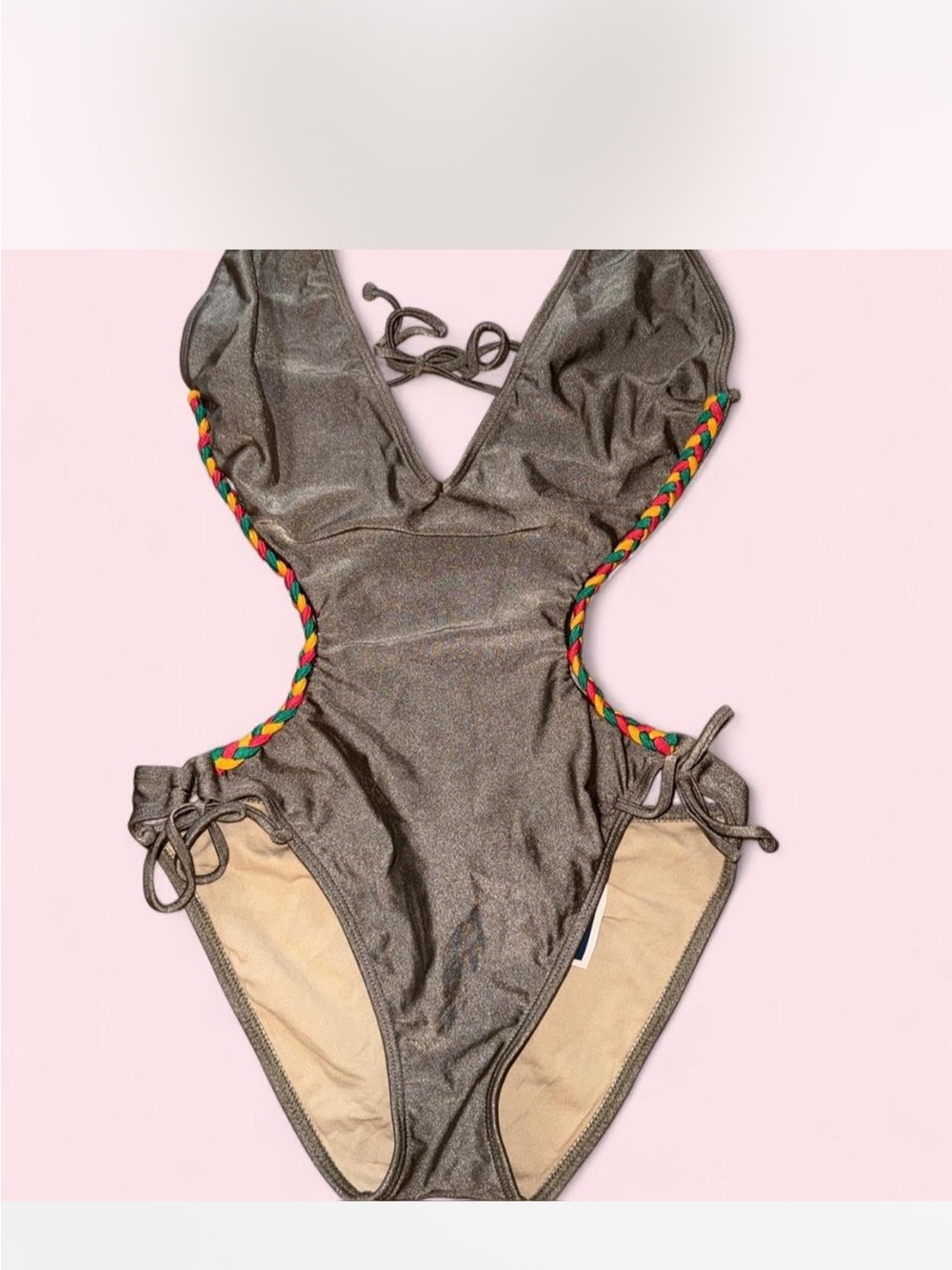 Metallic Bronze One-Piece Swimsuit with Multicolor Braided Trim